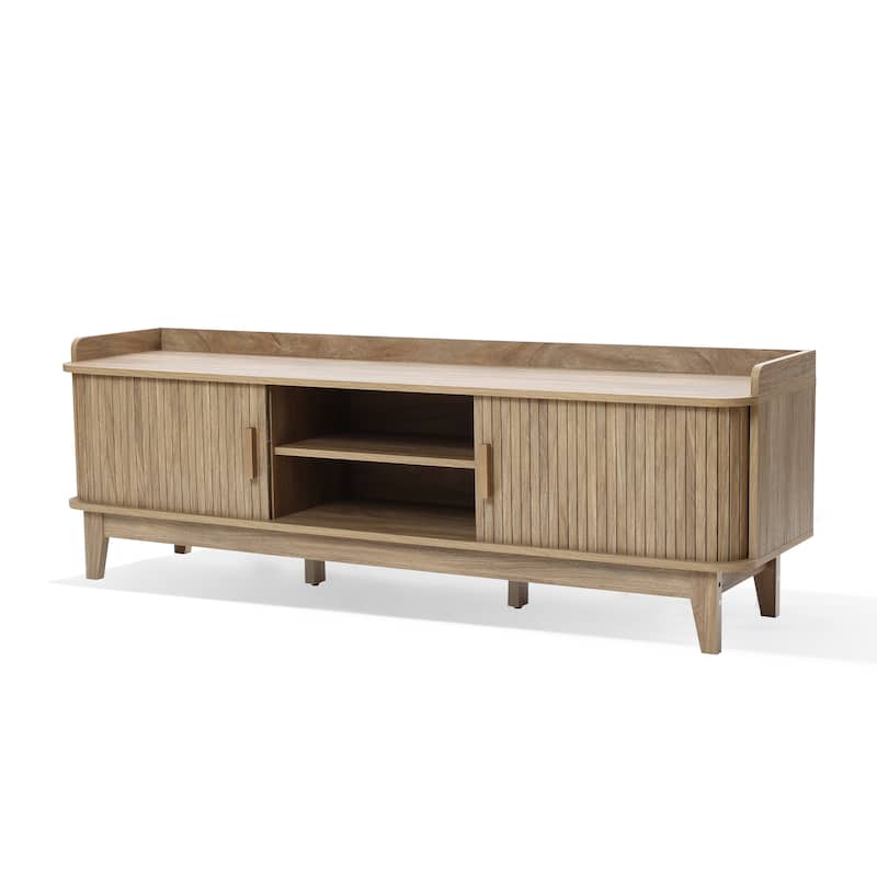 Mid-Century Modern Tambour-Style 2-Door TV Stand and Console with Raised Sides, Oak - 20.9" H x 63" W x 15.7" D