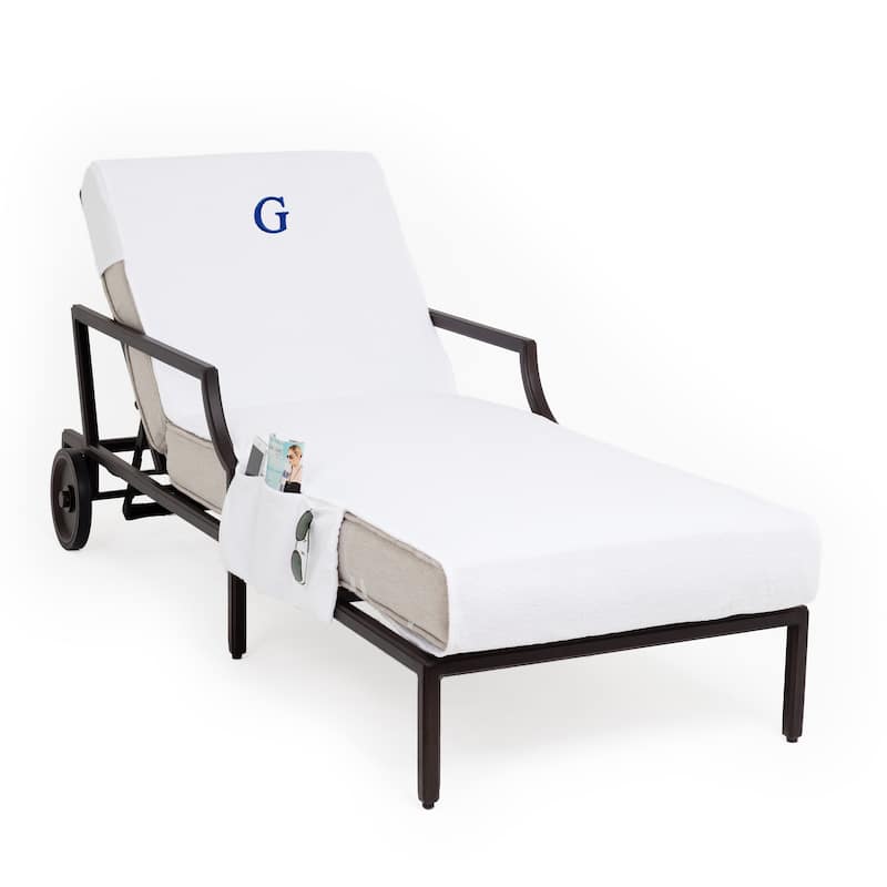 Turkish Cotton Monogrammed Towel Cover with pockets for Standard Size Chaise Lounge Chair - White/G