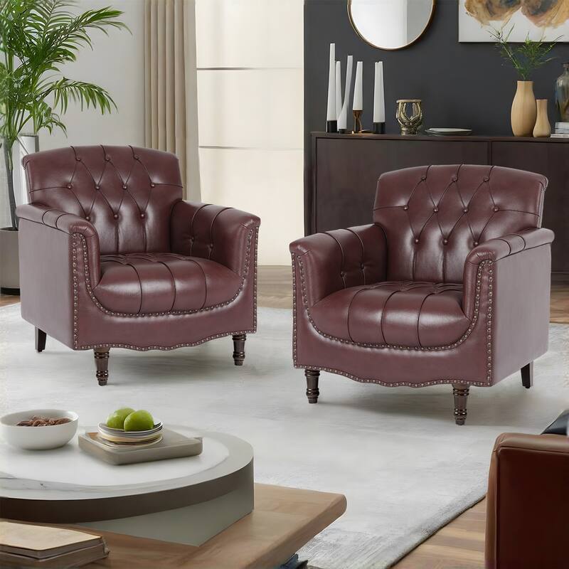 Set of 2 Tufted Vegan Leather Armchairs with Nailhead Trim and Wood Frame