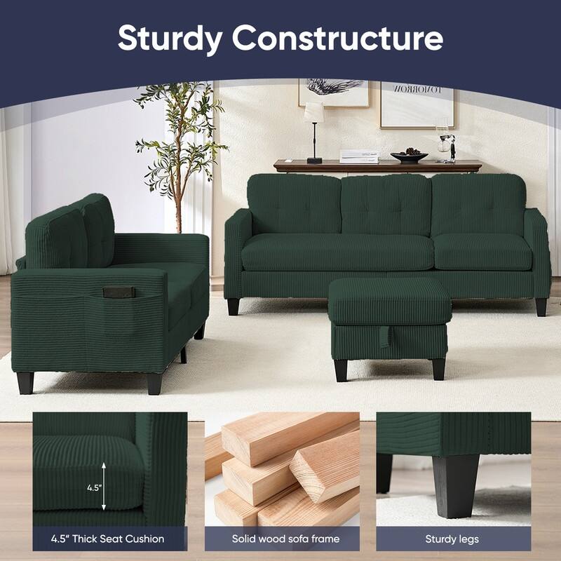 Mixoy 76'' L-Shaped Sofa Set,Corduroy Sectional Sofa,Mid Century 3-Seater Sofa with Storage Ottoman/Loveseat/Single Sofa