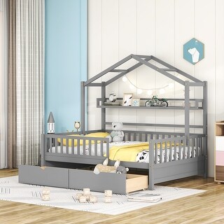 Full Size Wood House Bed Frame, Wooden Platform Daybed with Storage Shelf & 2 Drawers, for Teens Boys Girls Bedroom Dorm, Gray