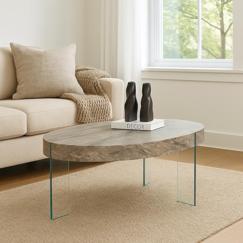 Strata Solis Coffee Table Round Stone Inspired Top Glass Legs Modern