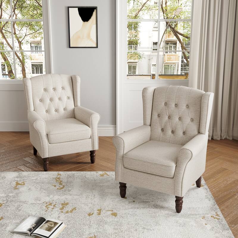 Button Tufted Armchair Wingback Wood legs Accent Chairs (Set of 2)