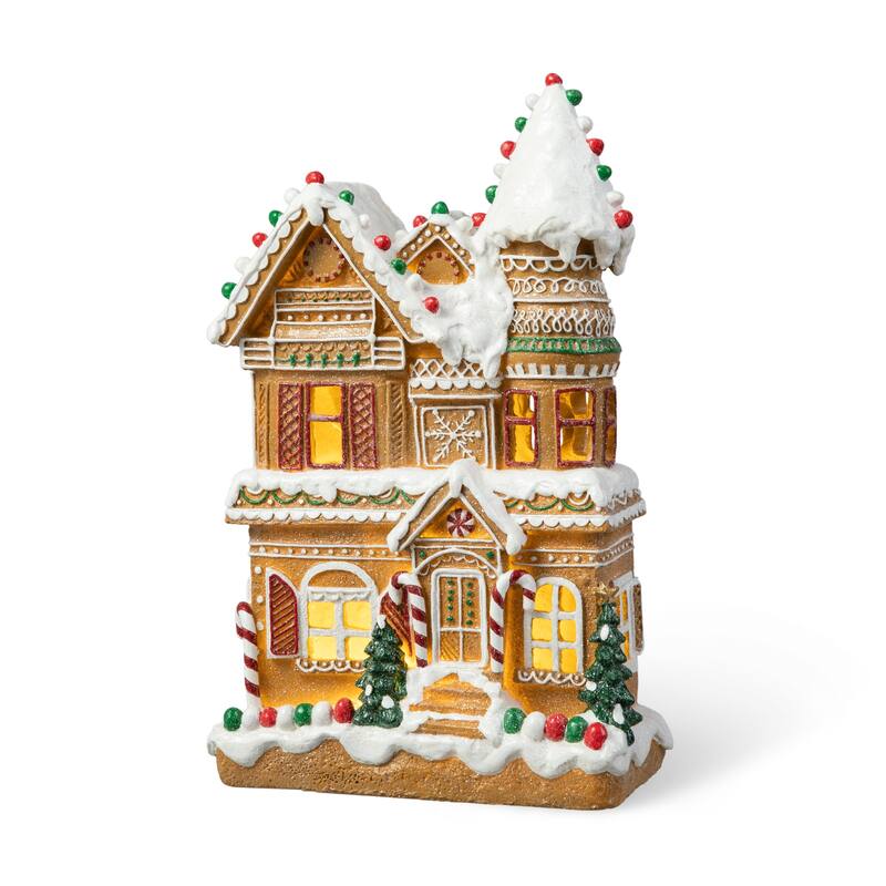 Glitzhome 12"H Resin Lighted Christmas Gingerbread House Village Table Decor
