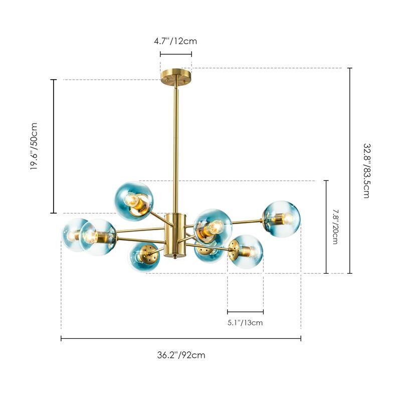 8-Light Modern 2-Tier Sputnik Linear Cluster Gradient Blue Clear Glass Globe Bubble Chandelier