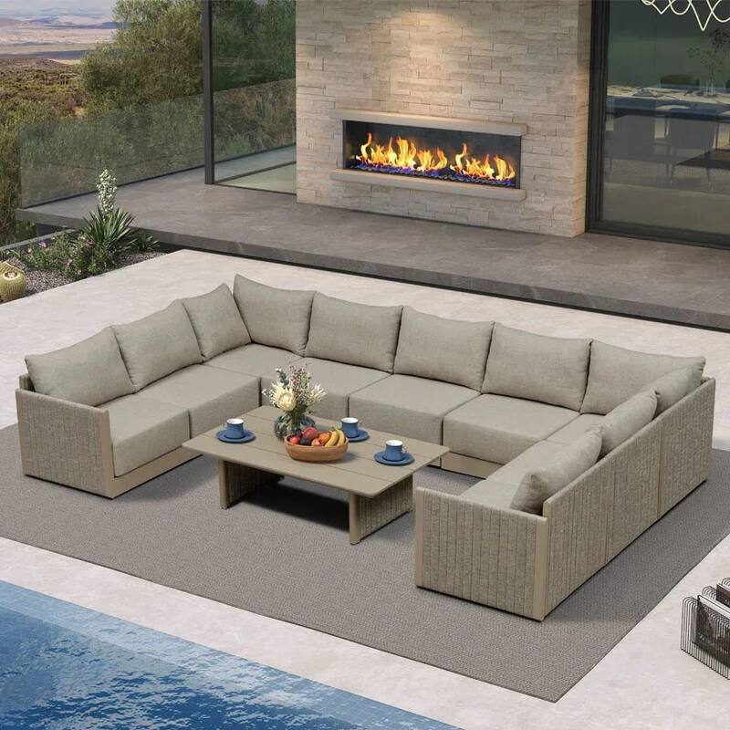 PURPLE LEAF Santorini U-Shaped 10 Piece Khaki Sofa with Ottoman and Cushion for Garden Outdoor Patio Conversation Set - 9Piece+1Table