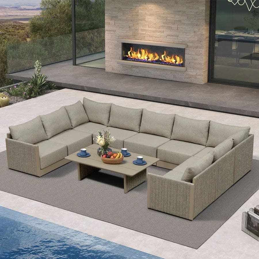 PURPLE LEAF Santorini U-Shaped 10 Piece Khaki Sofa with Ottoman and Cushion for Garden Outdoor Patio Conversation Set
