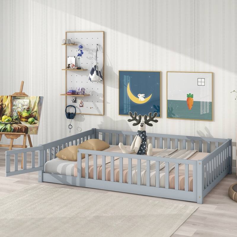 Rubber Wood Floor Bed with Safety Guardrails - Grey - Full