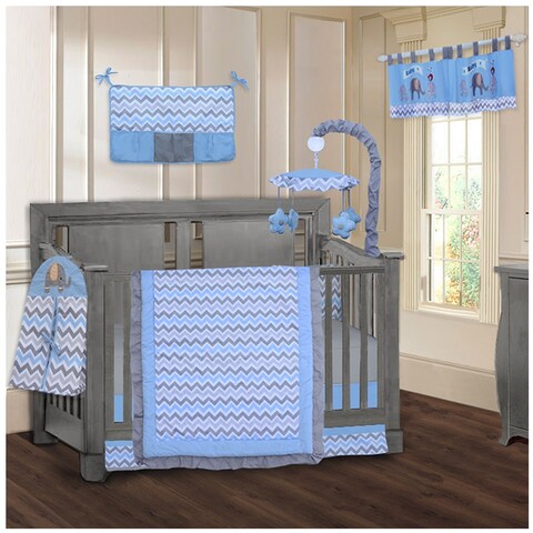 BabyFad Elephant ZigZag Blue 9 Piece Crib Bedding