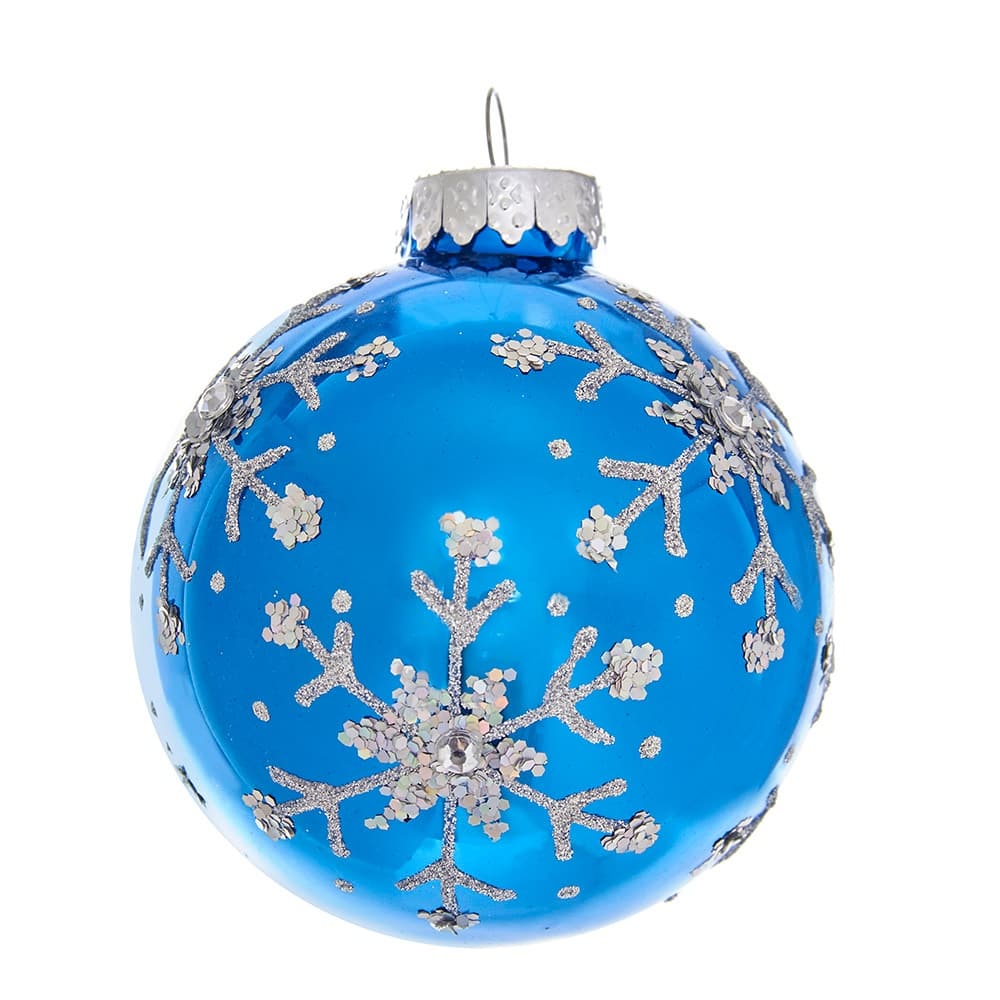 Kurt Adler 80MM Blue and Silver Glitter Snowflake Glass Ball Ornaments, 6 Piece Box - 3.15"
