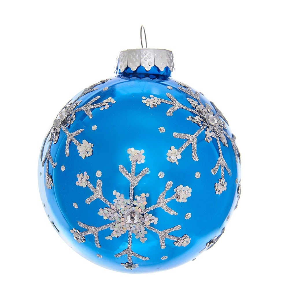Kurt Adler 80MM Blue and Silver Glitter Snowflake Glass Ball Ornaments, 6 Piece Box - 3.15"
