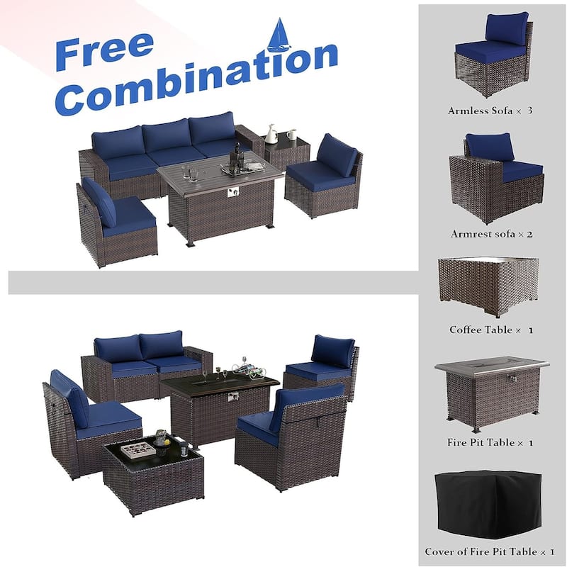 Delnavik 7 Pieces Rattan Outdoor Patio Furniture Sofa Set with Firepit - 7 pcs