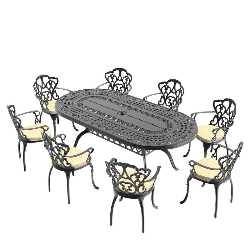 7/9-Piece Cast Aluminum Outdoor Dining Set with 82.87'' L X 42.13'' W Oval Table and Random Color Seat Cushions