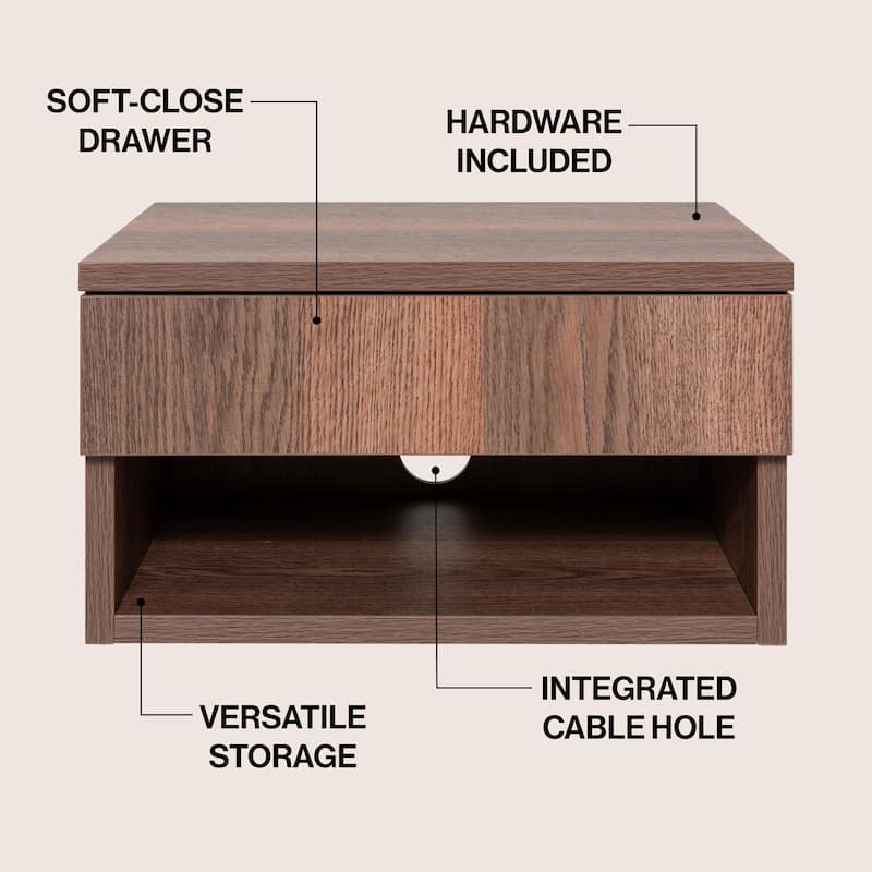 JONATHAN Y Celerie 15.71" Mid-Century Modern Floating Wall Mounted Nightstand with Soft-Close Drawer and Cable Hole