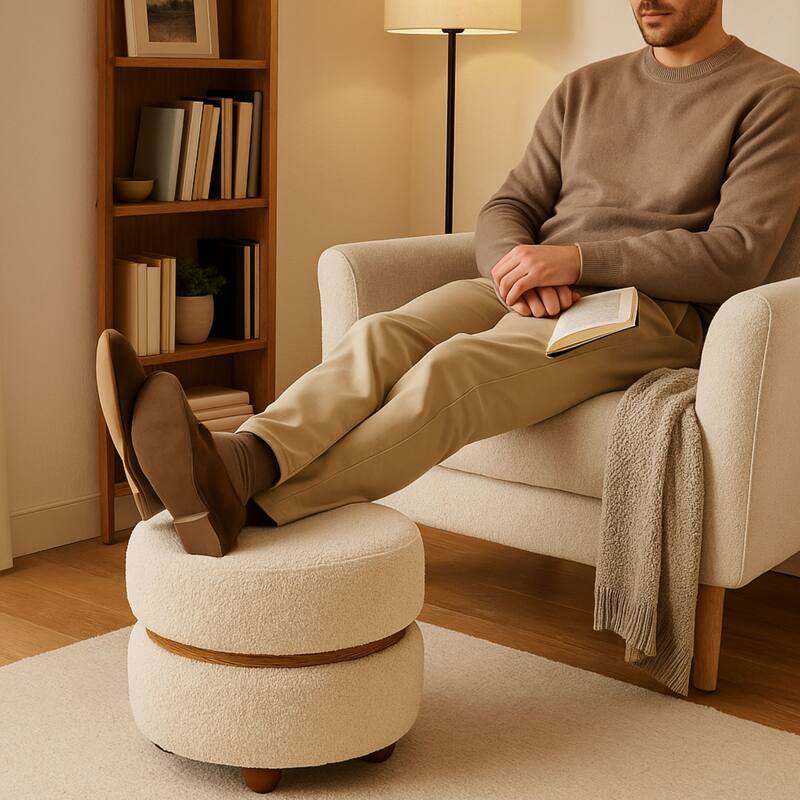 Double Pouf Round Upholstered Vanity Stool and Ottoman Foot Rest