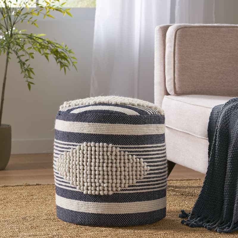Lucknow Indoor Handcrafted Cylinder Pouf by Christopher Knight Home - White + Denim