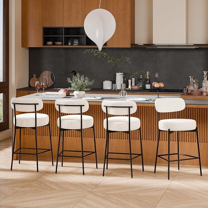 XINMICS 24 Inches Modern Counter Height Bar Stools with Curved Back Metal Legs, Upholstered Boucle Barstools, Set of 2/3/4 - Set of 4 - White - Counter Height