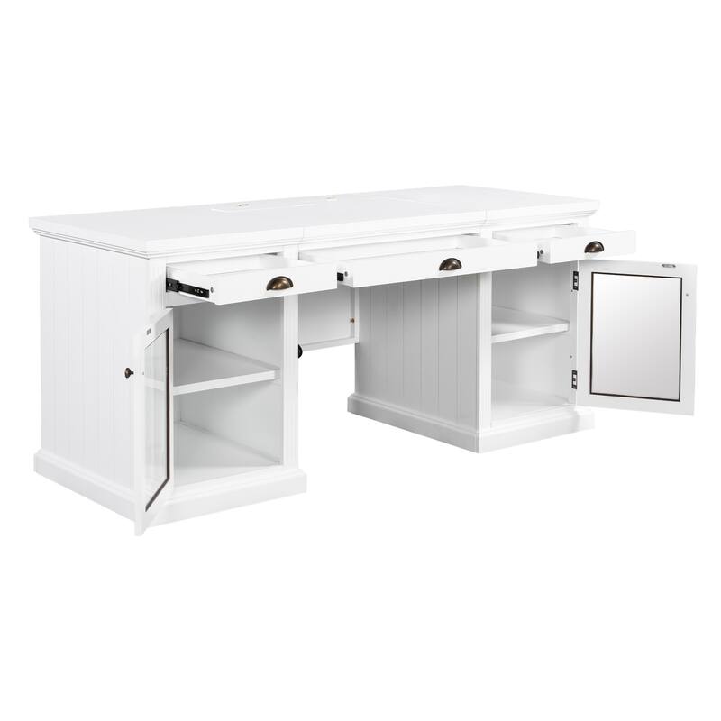 67-Inch Modern Executive Computer Desk with 2 Glass Doors Storage Cabinet & 3 Drawers