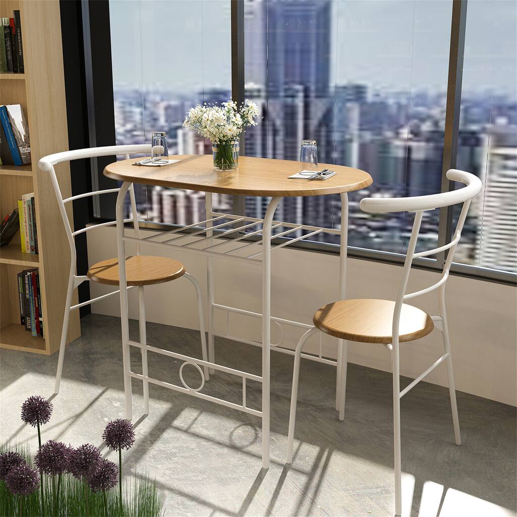 Table Set Round Kitchen Bistro Table Set Rack Wooden Chairs(Set of 3)