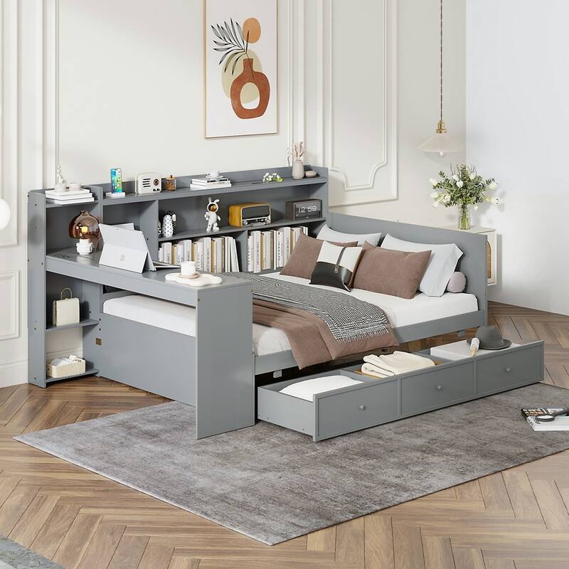 Wooden Daybed With 3 Drawers and USB Ports - Gray - Full