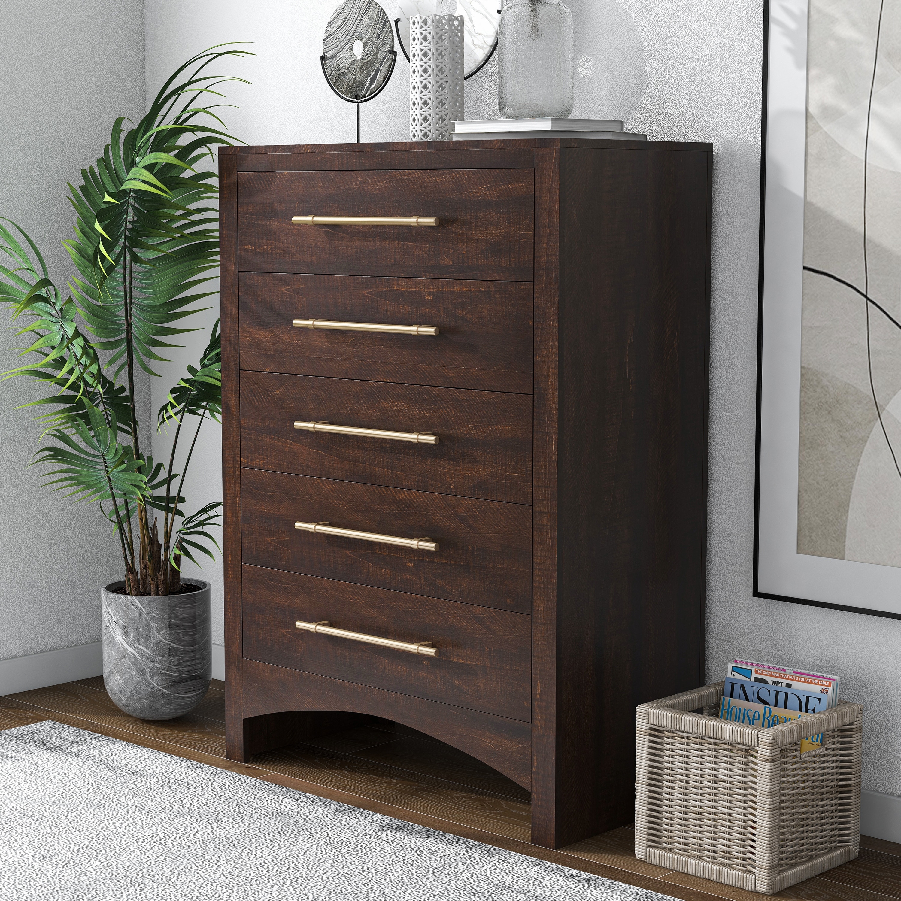 Malgan Traditional Walnut 5 Drawer Wood Vertical Dresser by Furniture of America Bed Bath Beyond 36048722