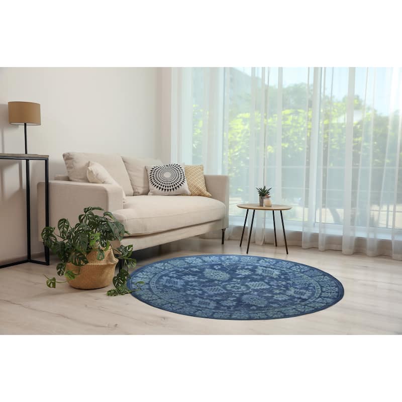 Hand-tufted Wool Blue Traditional Oriental Overdyed Rug - 6' Round - Blue