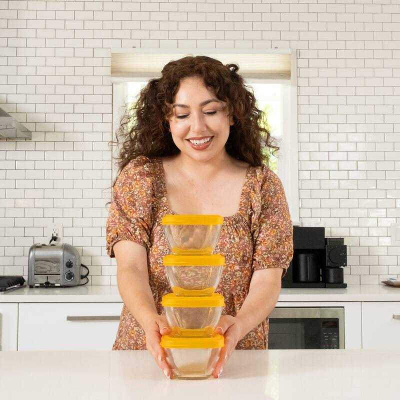 Libbey Serve It 16-Piece 2-Cup Glass Storage Bowl Container Set with Yellow Plastic Lids - Set of 16