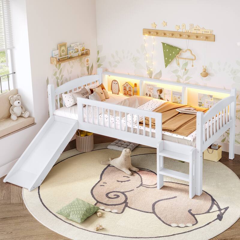 Kids Wood Low Loft Bed Frame with Storage Shelves, LED Light Strips, Curved Headboard, Safety Guardrails and Reversible Slide - White - Twin XL