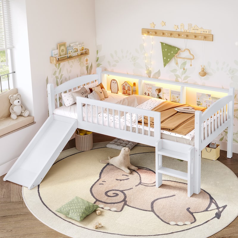 Twin XL Loft Bed with Storage Shelves, LED Lights & Guardrails