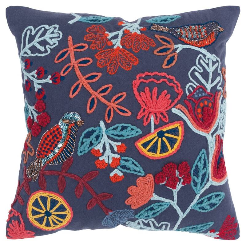 Blue Floral Bird Decorative Pillow