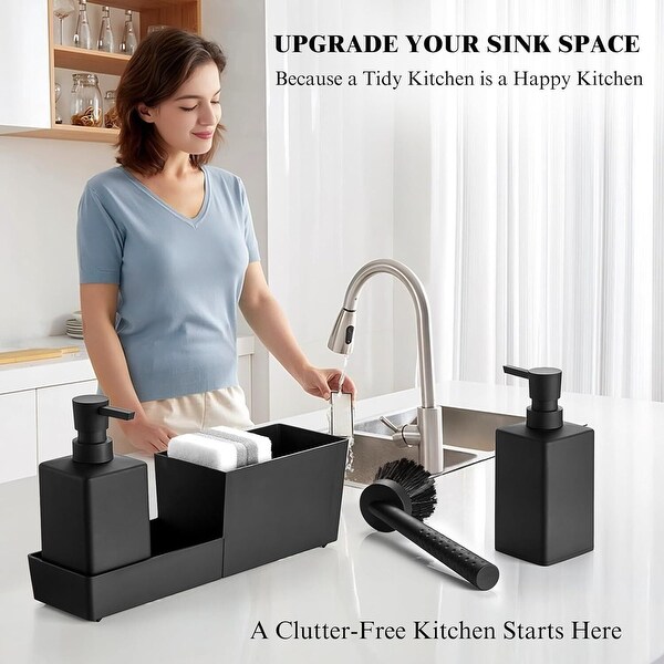 4-in-1 Soap Dispenser Set w/Sponge Holder & Brush for Kitchen Sink
