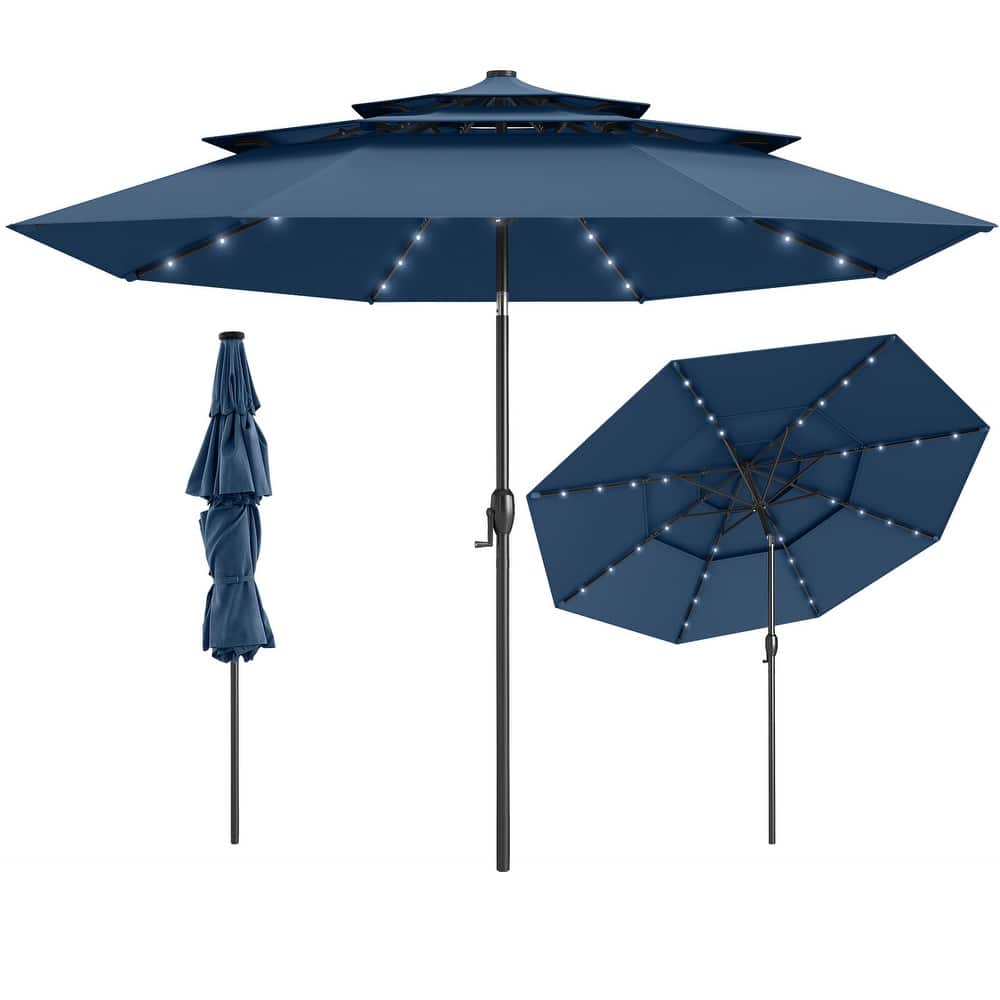Gymax 10 FT Solar Patio Umbrella w/ 32 LED Lights 3-Tier Vented Top