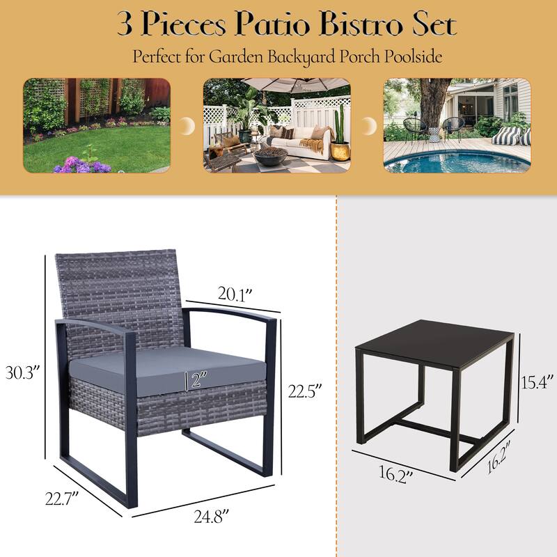3-Pieces Wicker Patio Conversation Set Outdoor Chairs with Cushions