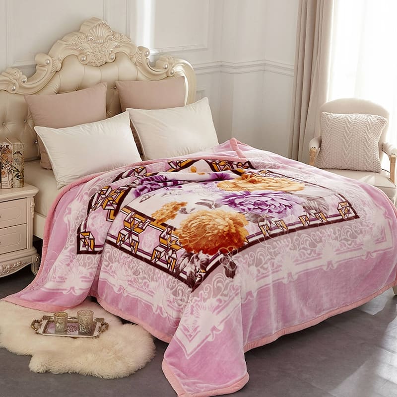 Korean-style 2-ply Printed Pattern Plush Mink Fleece Blanket - Queen - Pink