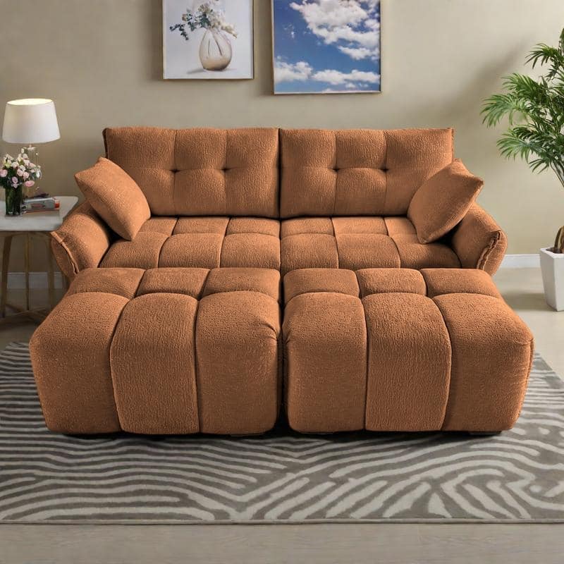 78.7" Chenille 2-Seater Sofa Set with 2 Ottomans and Throw Pillows, Plush Deep Seating Design - Orange