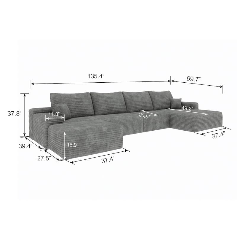 Floor Standing Chaise Lounge Couch Corduroy Upholstered Sectional Sofa Living Room Modular Deep Seat Sofa with Ottoman