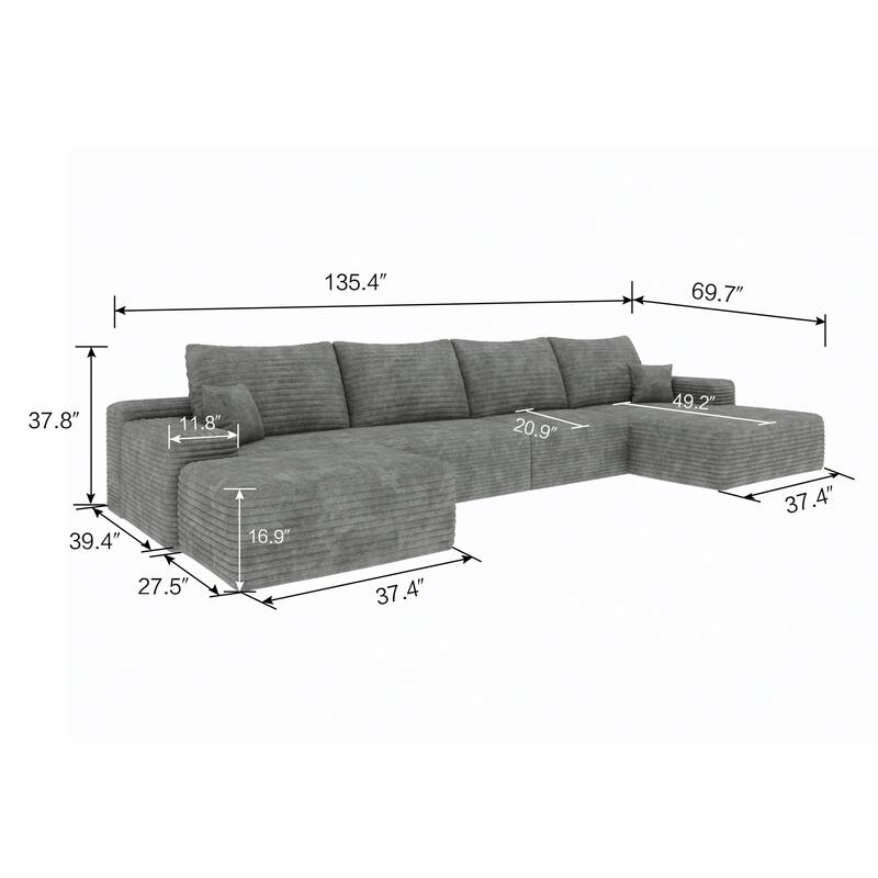U Shaped Modular Sectional Sofa with Ottoman & Chaise, Corduroy Upholstered Boneless Couch, Corner Deep Seat Compressed Sofa