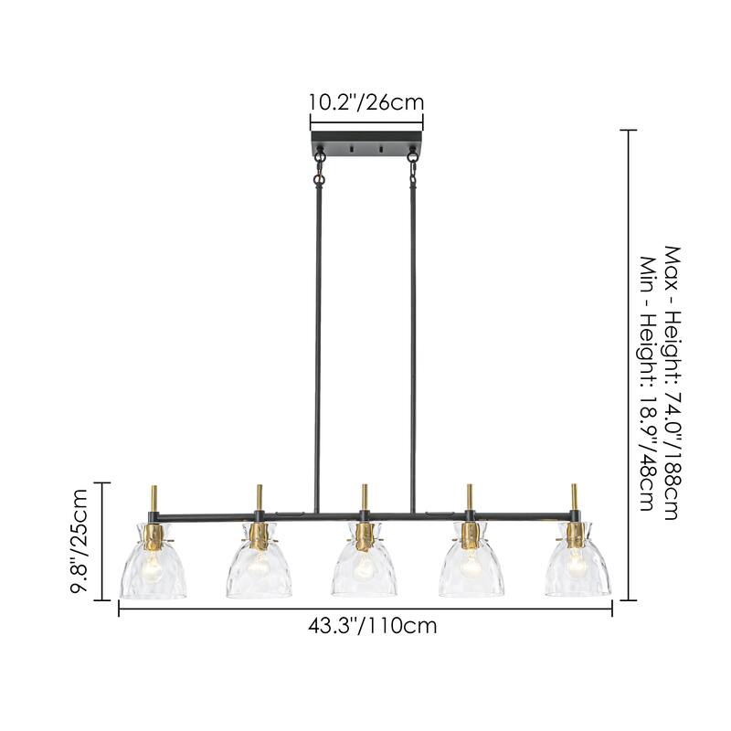 5-Light Modern Industrial Black & Gold Textured Glass Linear Pendant Light- Adjustable Hanging Ceiling Fixture for Dining Room,