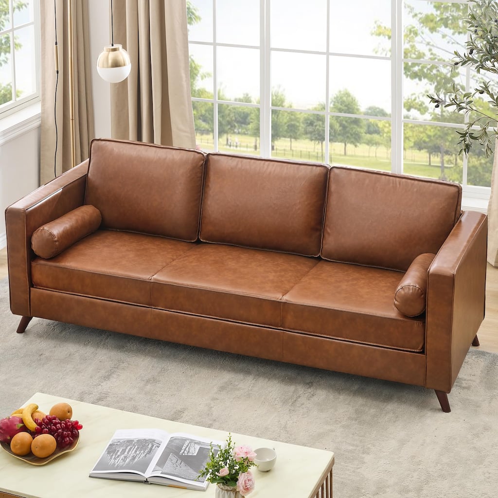 81" Leather Sofa, Mid Century Modern Deep Seat Couch, Upholstered Cushion&Removable Cover, Brown PU Couch