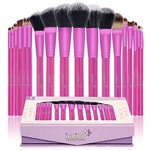 Ivation Cosmetics 20 Pieces Natural Facial Makeup Brush Set with Leather Pouch (Pink) - Pink