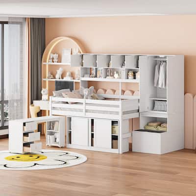 Full Size Wooden Loft Bed Big Storage with Under-Bed Desk, with Drawers, with Shelves, White