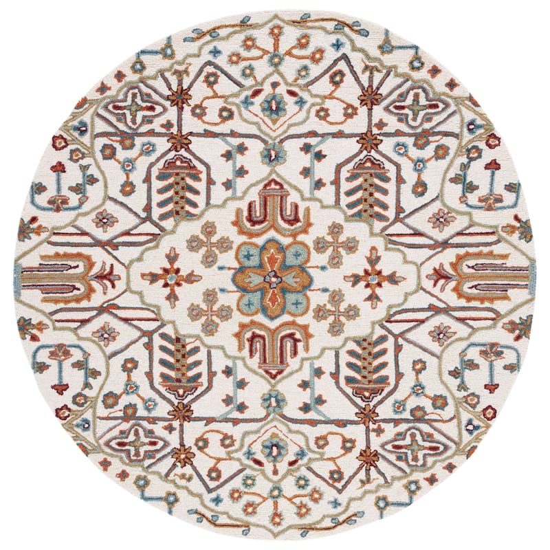 SAFAVIEH Handmade Heritage Snjolaug Floral Wool Rug - 6' Round - Ivory/Grey
