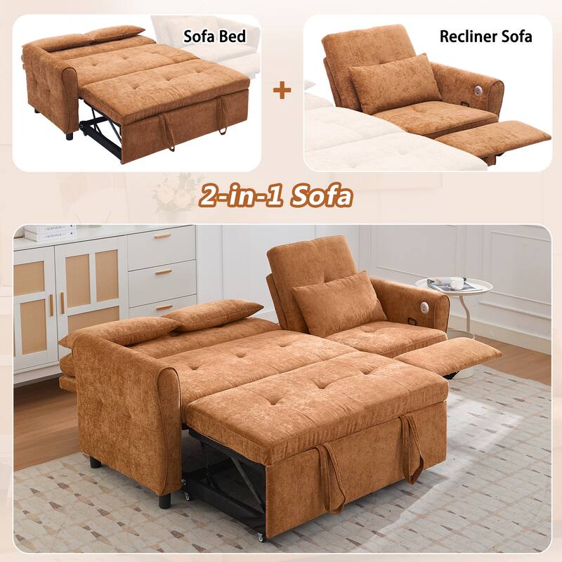 82" Chenille 2-in-1 Sofa Bed with Adjustable Backrest, Reversible Chaise, USB Charging Ports
