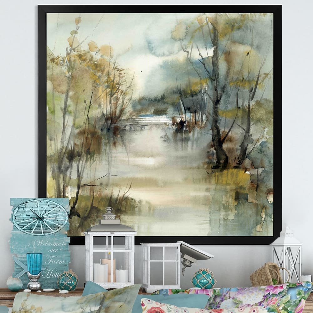 Designart "Winter River Landscape Illustration" Traditional Framed Wall Decor