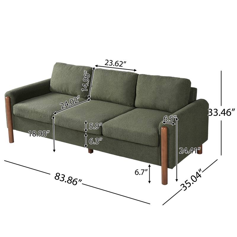 83.86" 3-Seater Sofa, Curved Armrest with Integrated Solid Wood Legs, Teddy Velvet Fabric, High Weight Capacity