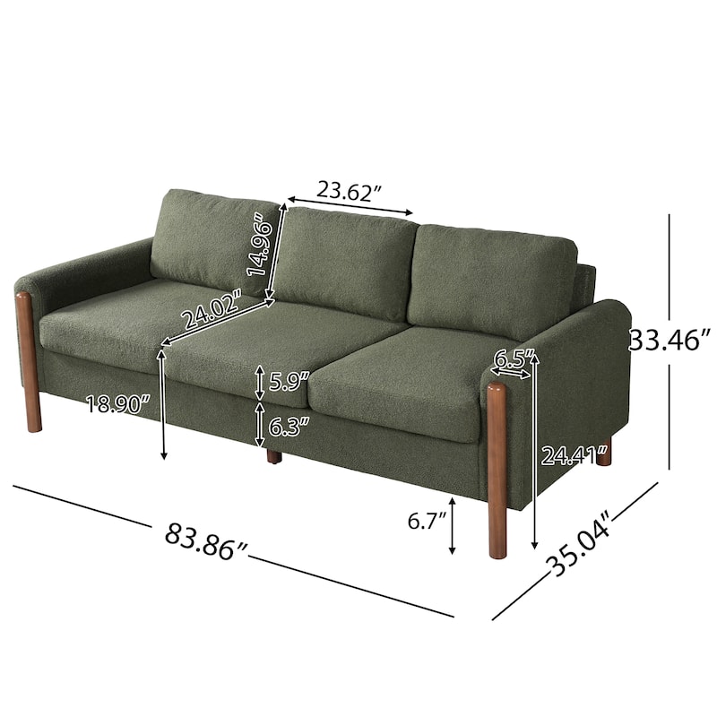 83.86 Inch 3-Seater Sofa with Curved Armrests, Teddy Velvet Upholstery, Solid Wood Legs, High Weight Capacity