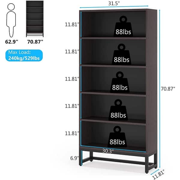 dimension image slide 2 of 3, 5-Shelf Wood Bookcase Freestanding Display Bookshelf for Home Office - 31.5” L * 11.81” W * 70.87” H