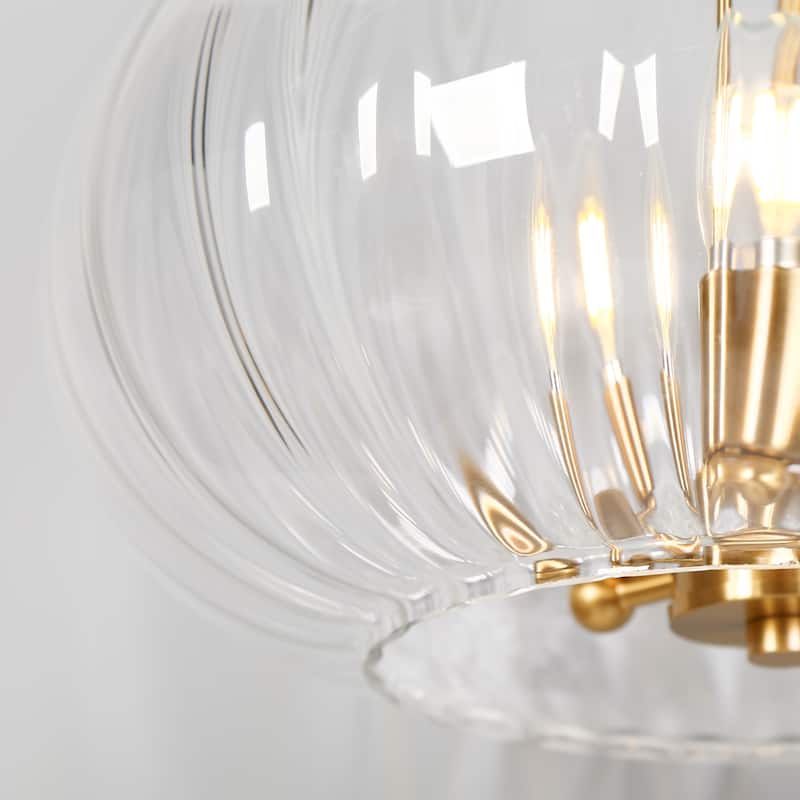 Modern Glam 3-Lights Chandelier Brass Gold Large Pendant with Pumpkin-Shade Clear Ribbed Glass Chandelier for Dining Room