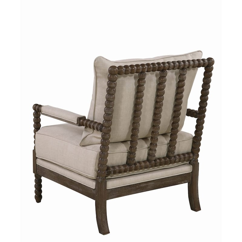Cushioned Back Fabric Upholstered Spindle Accent Chair, Beige and Brown - N/A