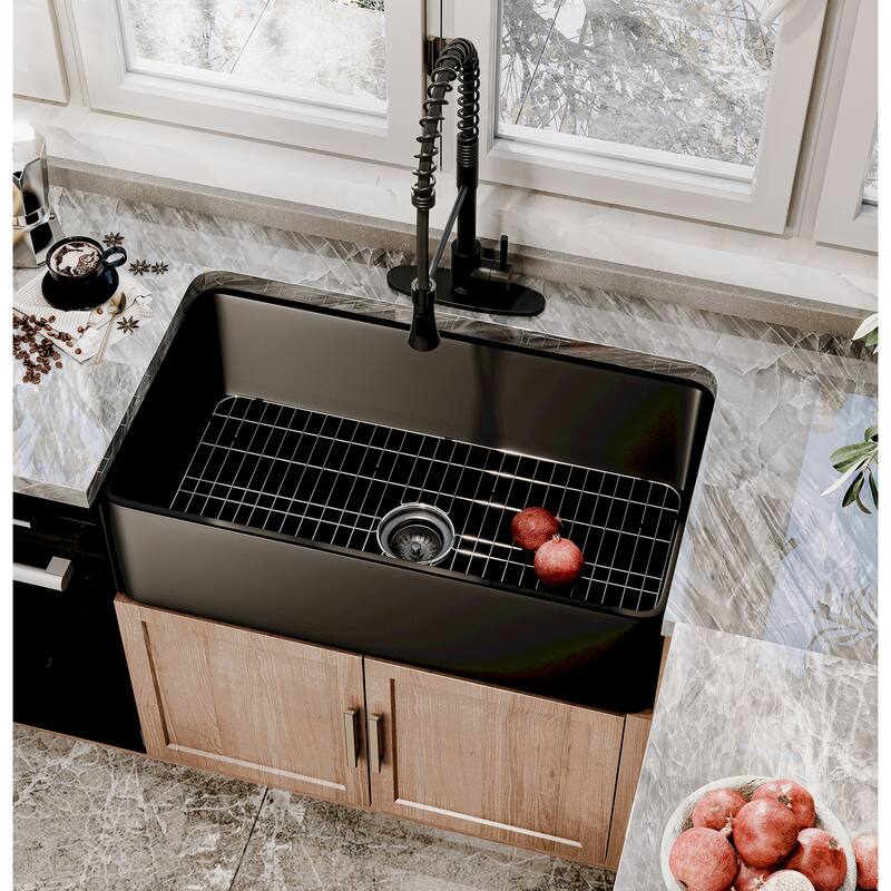Farmhouse/Apron-Front Single Bowl Fireclay Kitchen Sink with Two-Function Sprinkler Kitchen Faucet, Bottom Grid, and Strainer